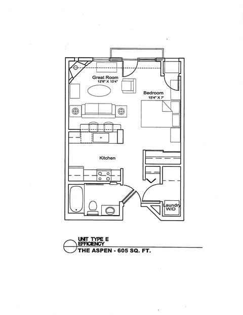 Floor plan for 1 bed, 1 bath, 605 sqft